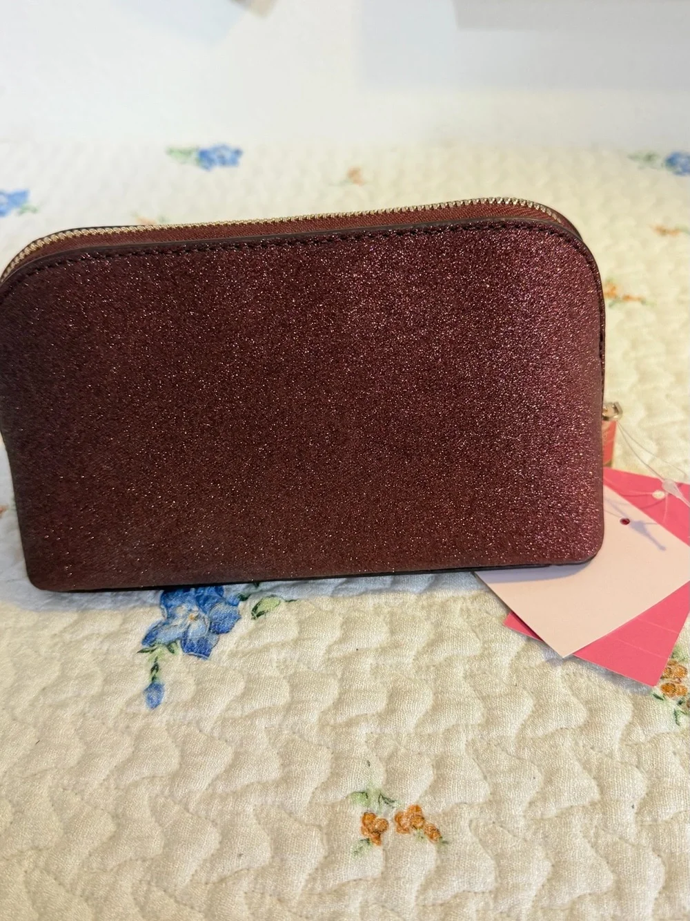 Kate Spade NWT Glitter Dome Makeup Bag Burgundy